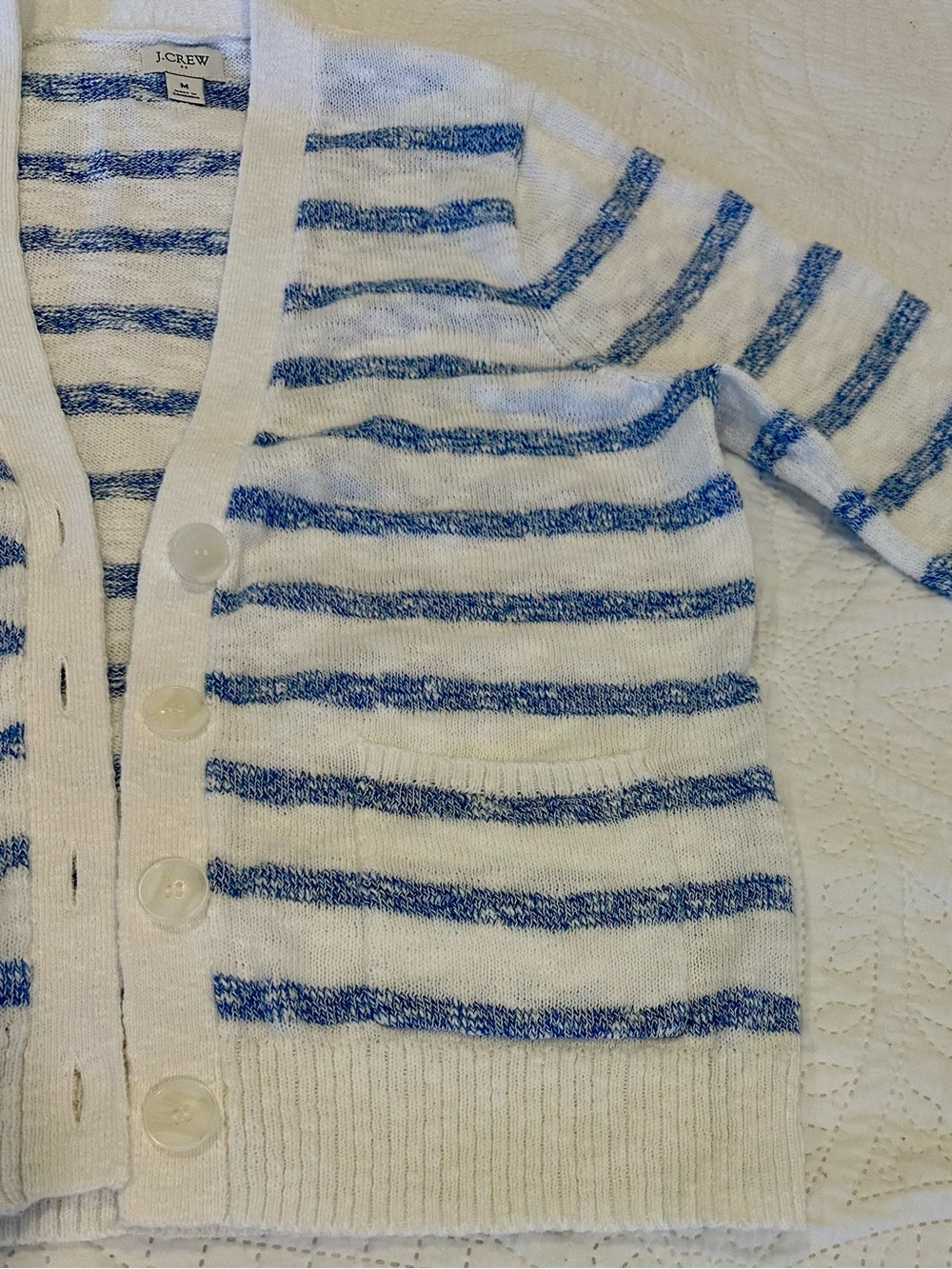 J. Crew White and Blue Striped Lightweight Women's Cardigan